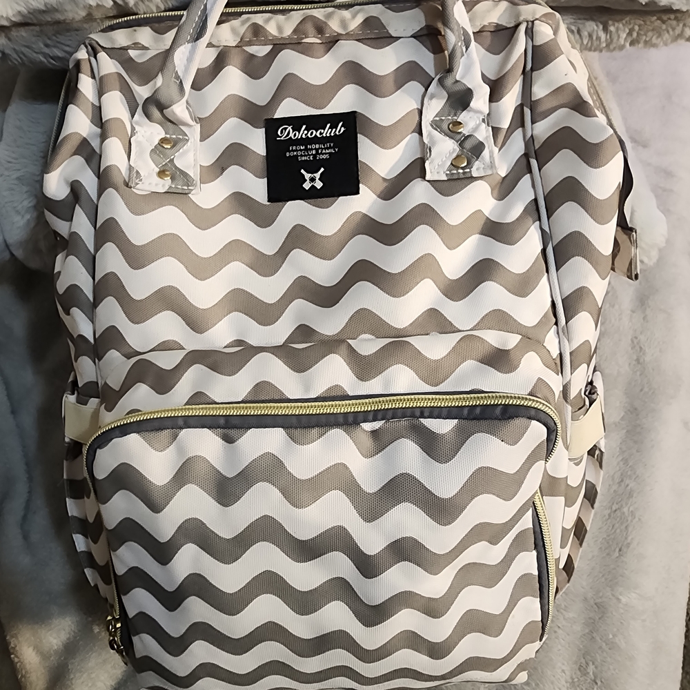 Cream & Taupe Wave Pattern Backpack Tote